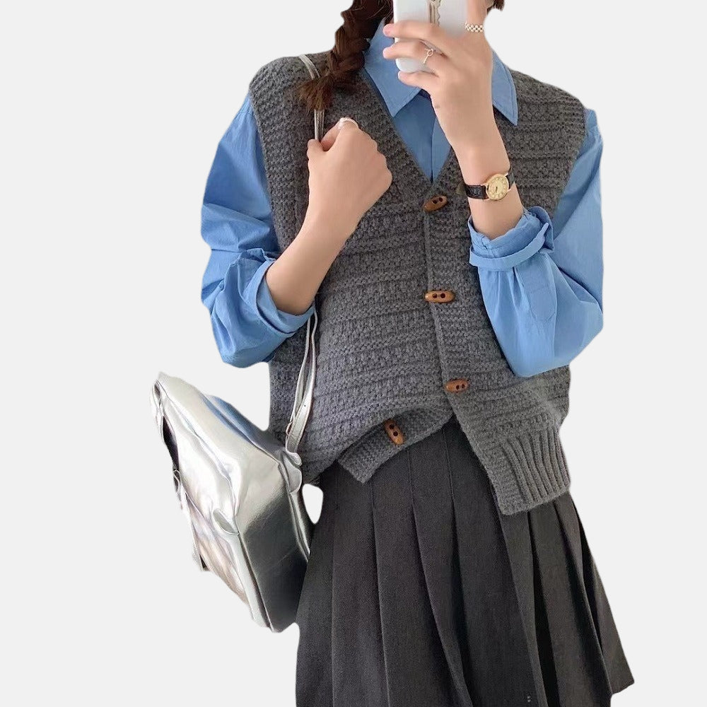 Orsenvi Womens Vest - Knitted Button Front V-Neck Layering For Warmth
