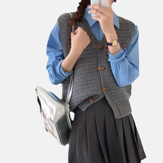 Orsenvi Womens Vest - Knitted Button Front V-Neck Layering For Warmth