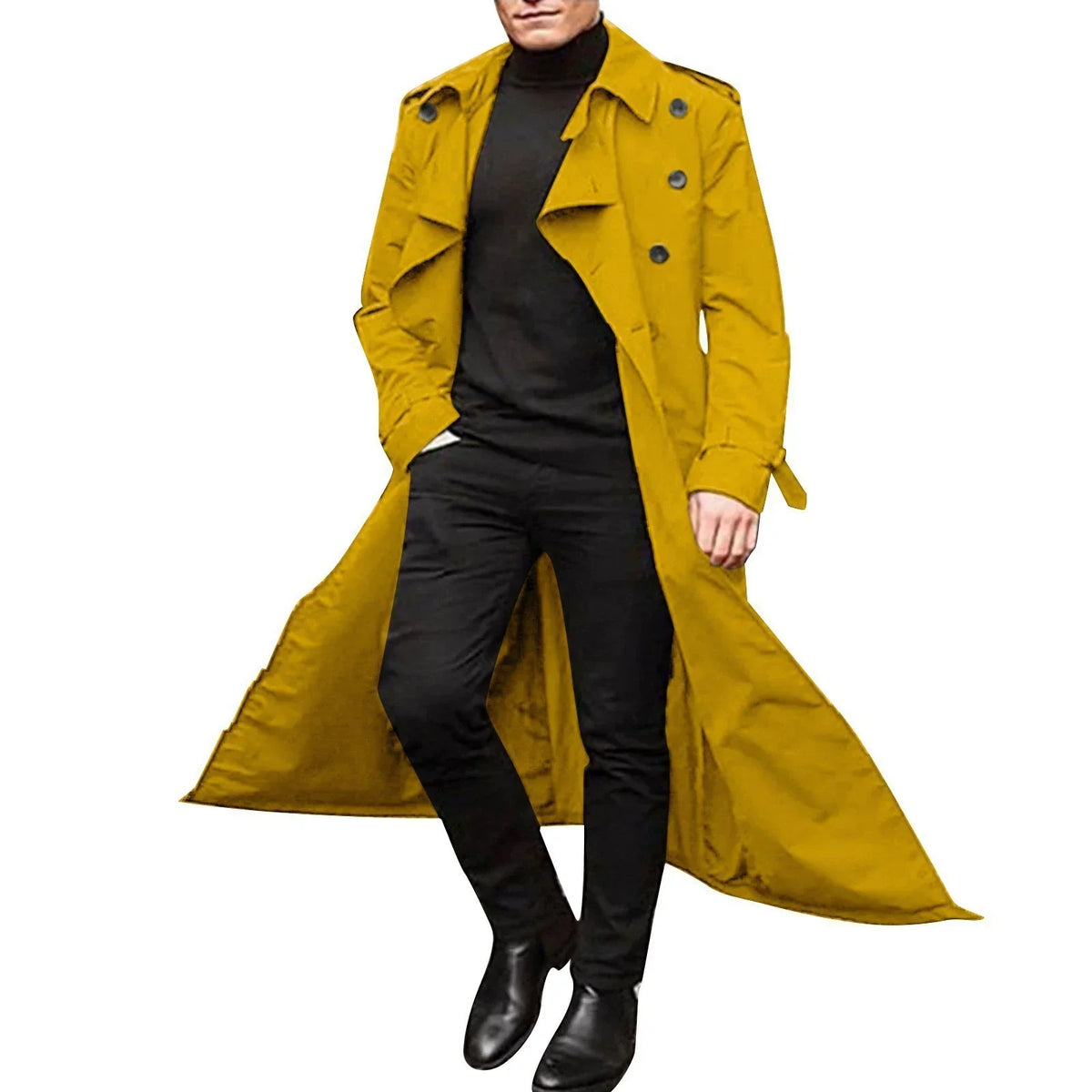 Men's camel tailored fit double-breasted trench coat with notched lapels, full-length professional style