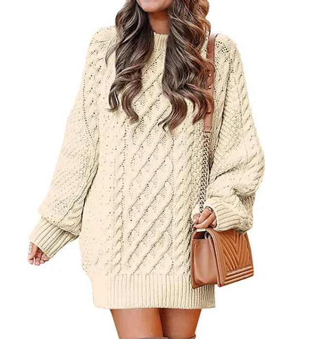 Cream cable-knit oversized sweater dress wool blend mid-length long sleeve cozy chic style