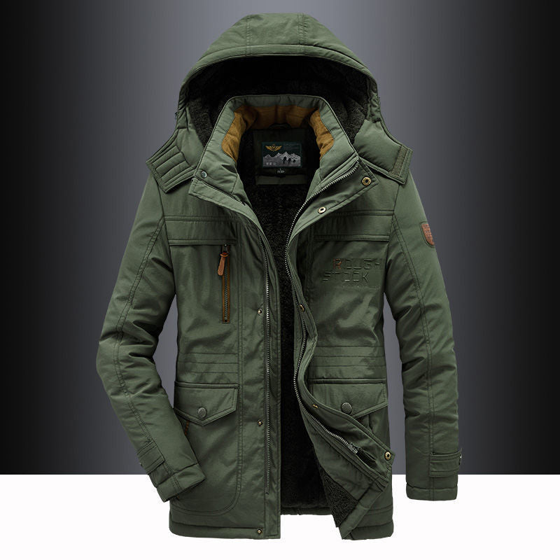 Men's fleece-lined hooded thigh-length parka, rugged winter outerwear with insulated warmth