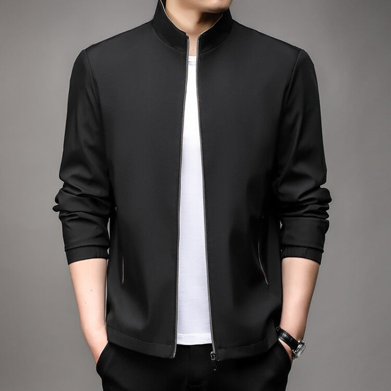 Men's tailored fit zip-front jacket stand collar business casual professional slim silhouette