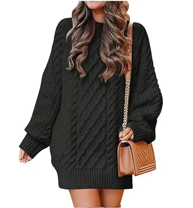 Oatmeal cable knit oversized sweater dress wool blend mid-length long sleeve women
