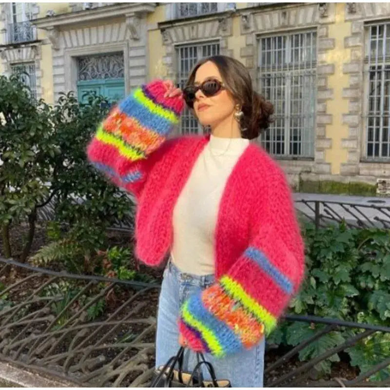Women's colorful open-front knit cardigan cozy long-sleeve sweater for bright autumn outfits