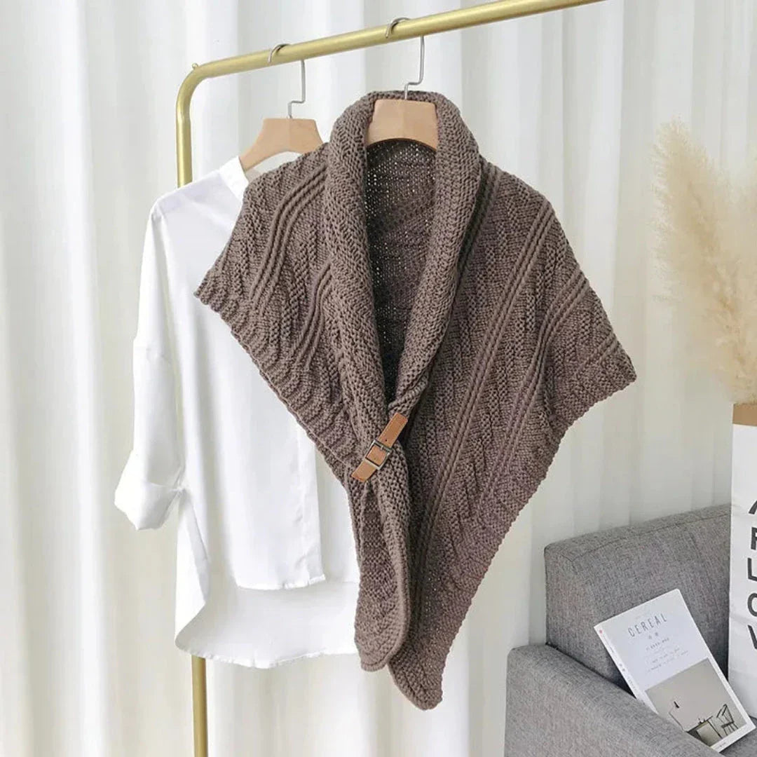 Petra chunky cable-knit shawl with adjustable buckle closure, cozy winter layering wrap