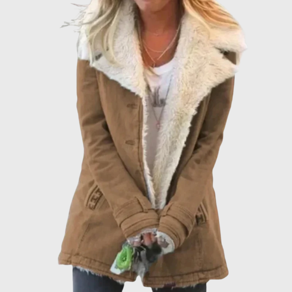 Women's warm winter coat in classic neutral tone, tailored silhouette with insulated soft fabric