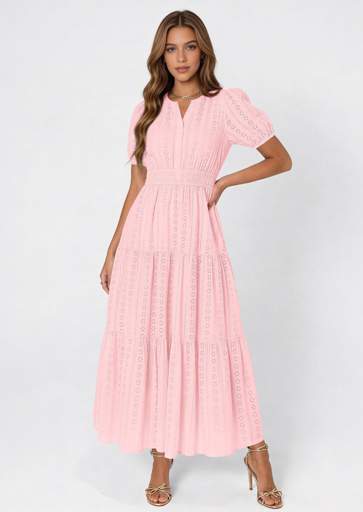 Eyelet Smocked Flowy Maxi Dress - Puff Sleeve, V-Neck, Casual - photo 37
