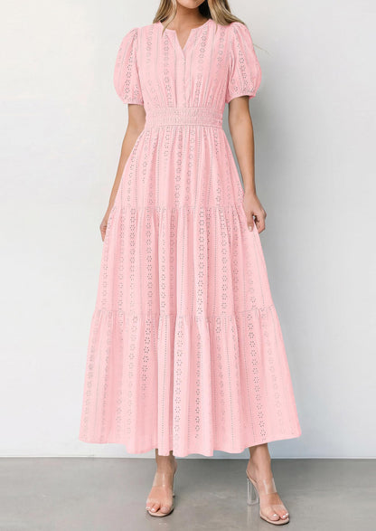 Eyelet Smocked Flowy Maxi Dress - Puff Sleeve, V-Neck, Casual - photo 32