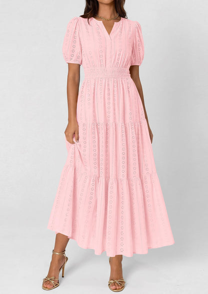 Eyelet Smocked Flowy Maxi Dress - Puff Sleeve, V-Neck, Casual - photo 33