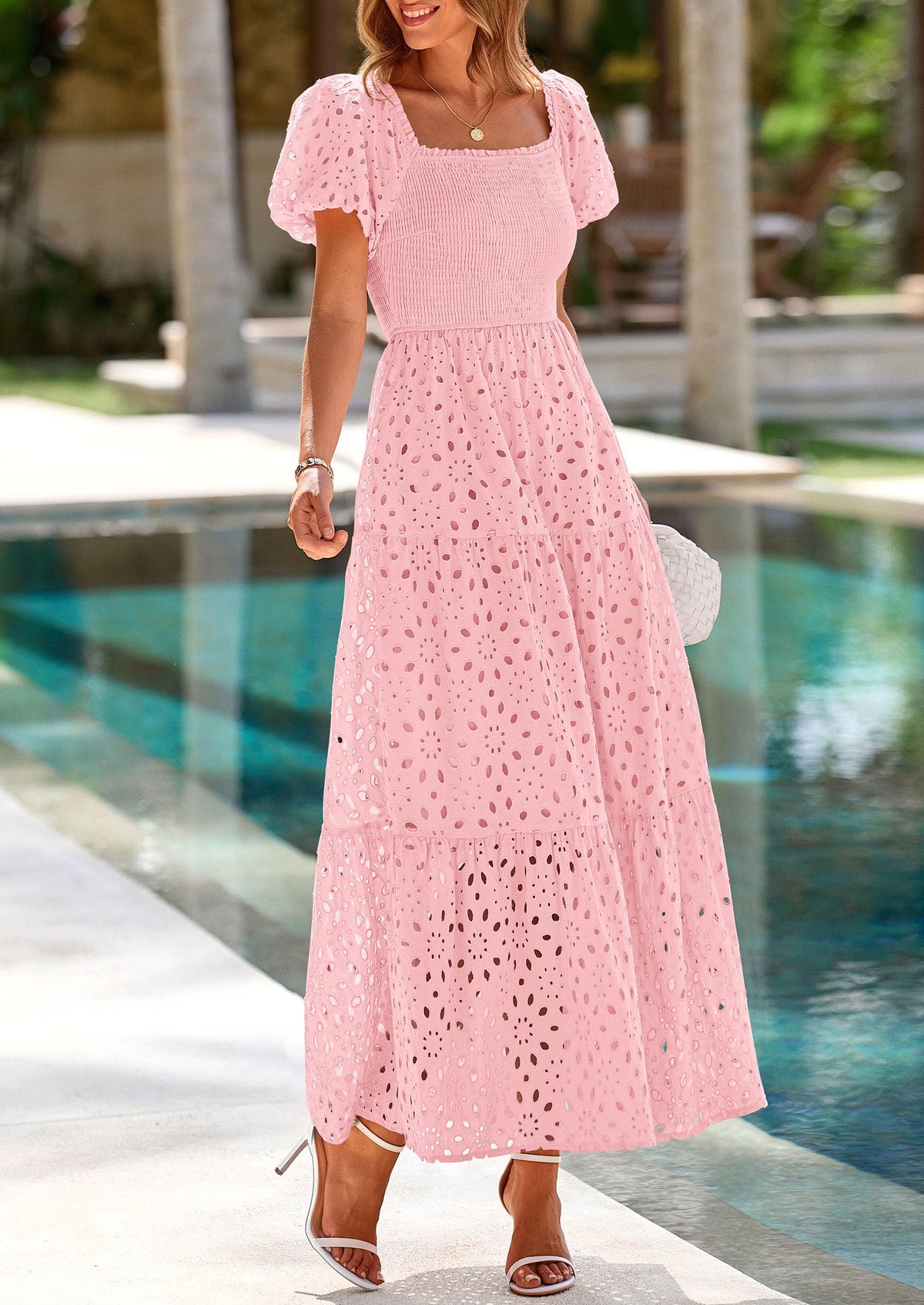Eyelet Smocked Maxi Dress - Puff Sleeve, Square Neck, Wedding - photo 61