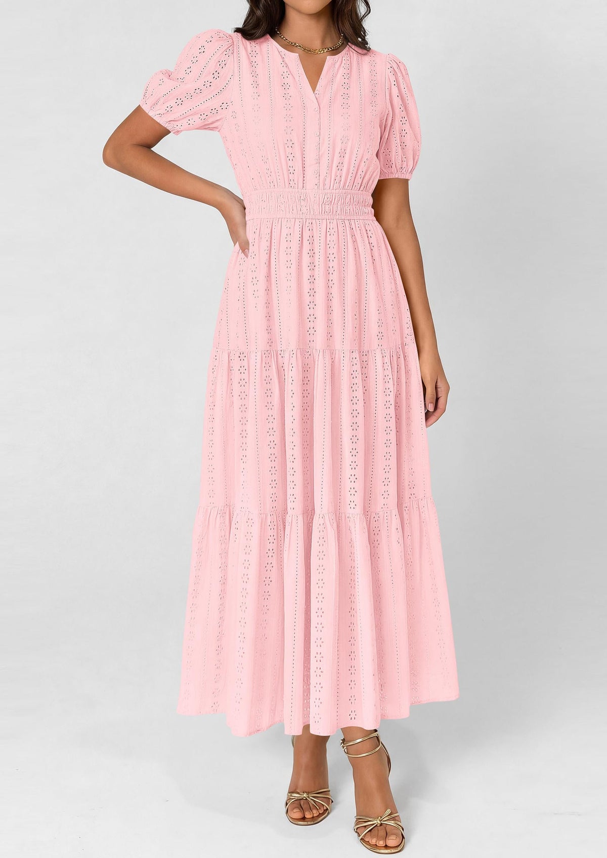 Eyelet Smocked Flowy Maxi Dress - Puff Sleeve, V-Neck, Casual - photo 35