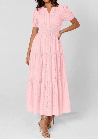 Eyelet Smocked Flowy Maxi Dress - Puff Sleeve, V-Neck, Casual - photo 36