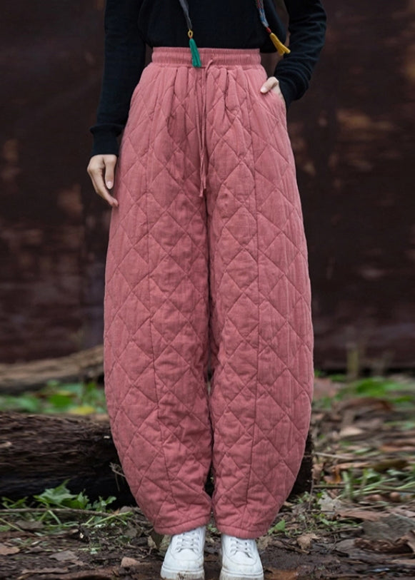 Orsenvi Unisex Pink Quilted Plaid Pants, Elastic Waist