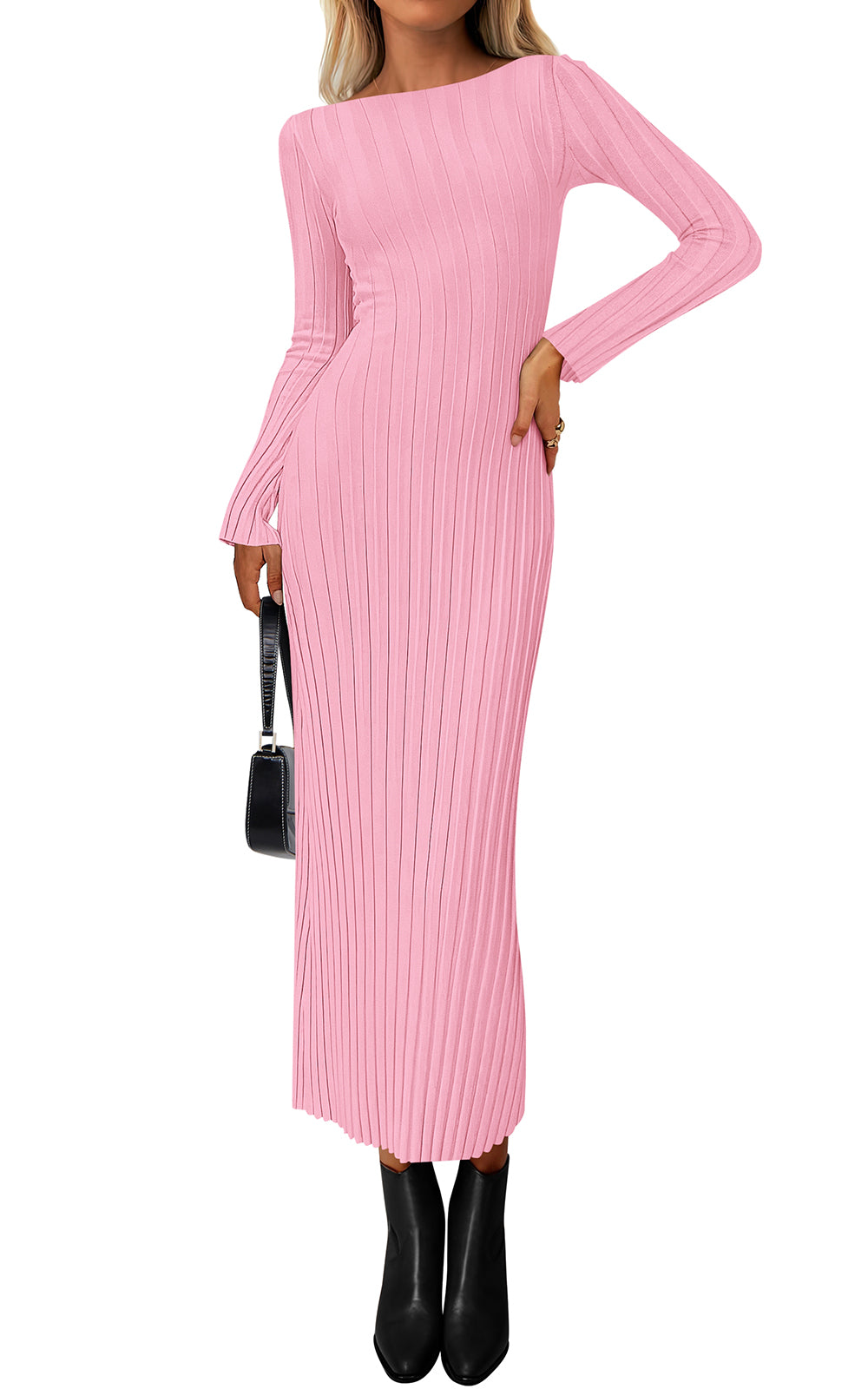Sweater Knit Bodycon Maxi Dress - Long Sleeve, Boat Neck, Photo 13