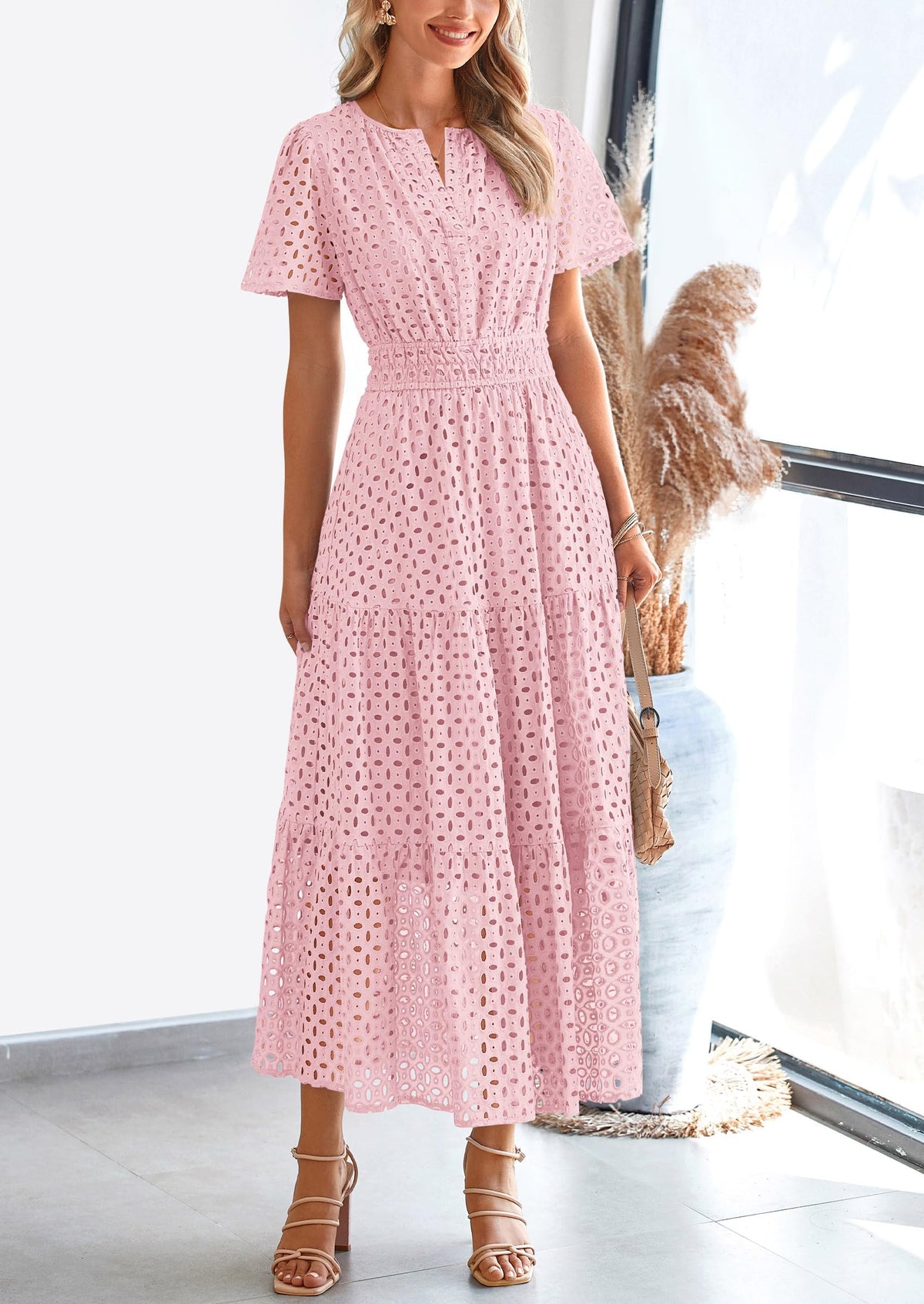 Eyelet A-Line Flowy Maxi Dress - Short Sleeve, V-Neck, Beach - photo 5