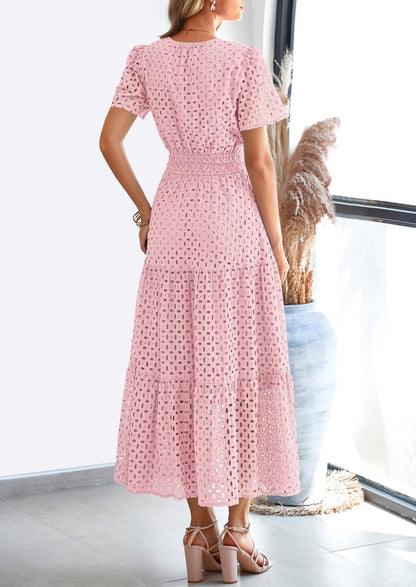 Eyelet A-Line Flowy Maxi Dress - Short Sleeve, V-Neck, Beach - photo 2