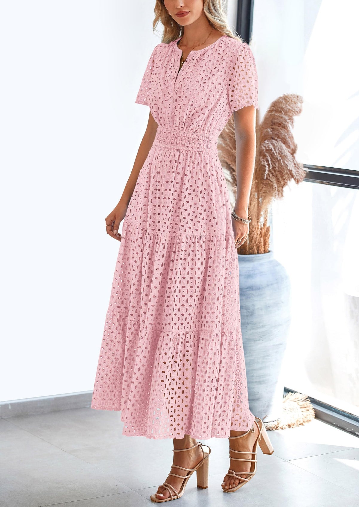 Eyelet A-Line Flowy Maxi Dress - Short Sleeve, V-Neck, Beach - photo 6