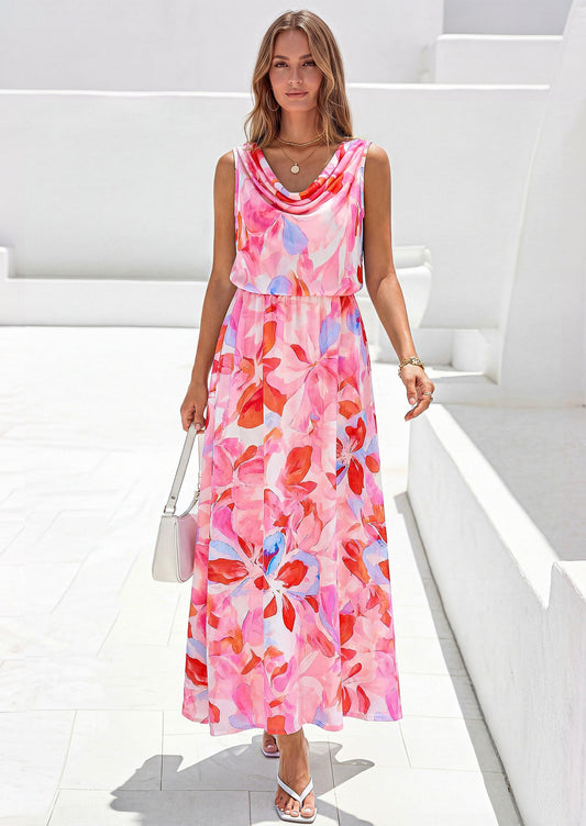 Floral Flowy Maxi Dress - Sleeveless, Cowl Neck, Beach - photo 1