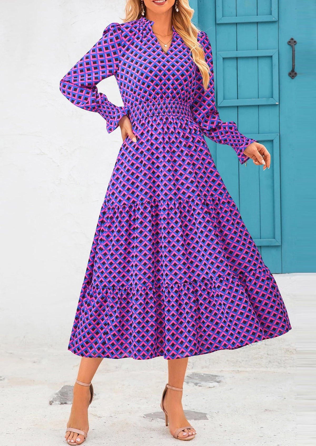 Floral A-Line Flowy Maxi Dress - Long Sleeve, V-Neck, Casual - photo 96