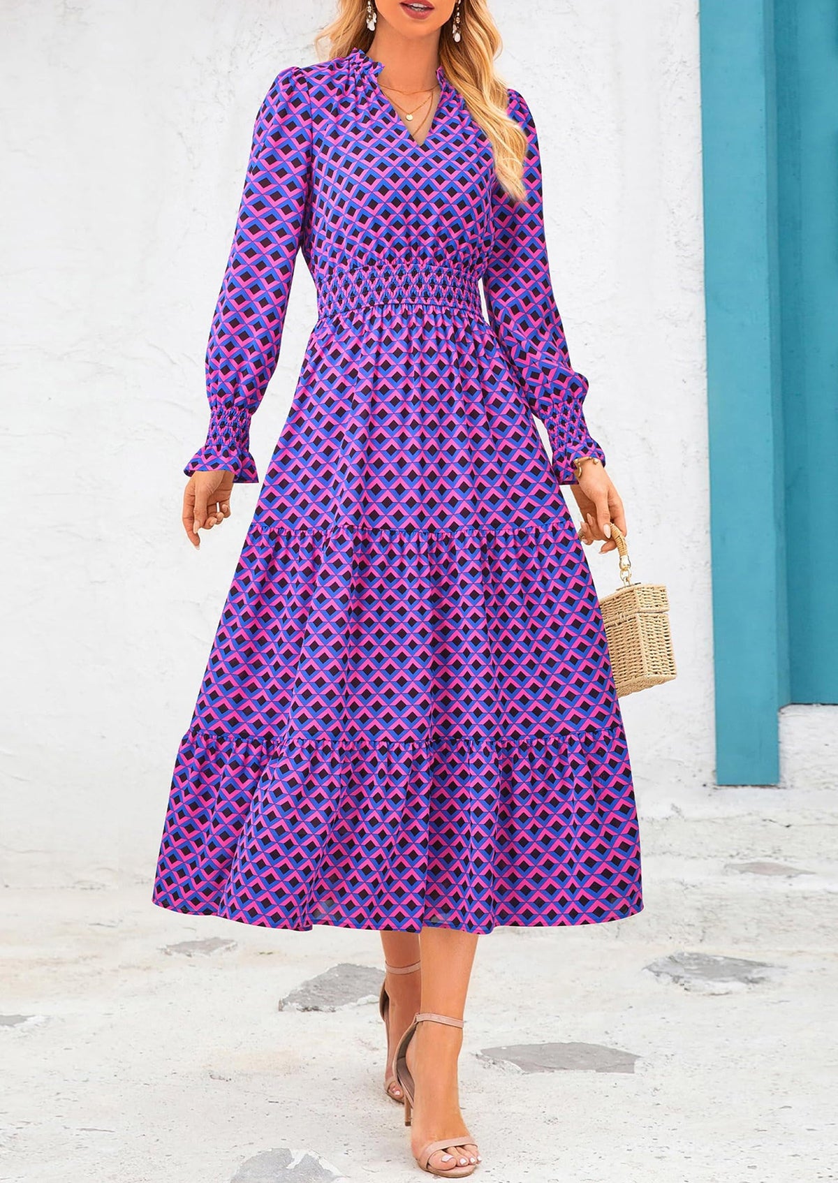 Floral A-Line Flowy Maxi Dress - Long Sleeve, V-Neck, Casual - photo 98