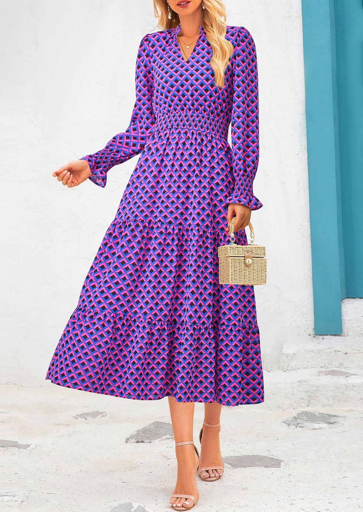 Floral A-Line Flowy Maxi Dress - Long Sleeve, V-Neck, Casual - photo 99