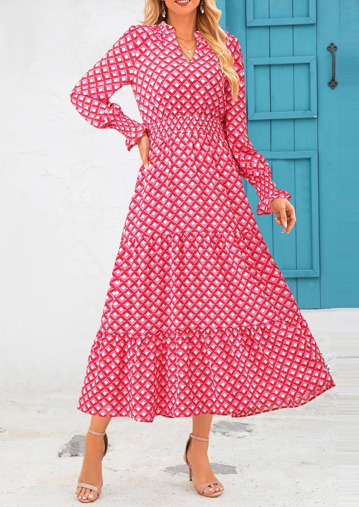 Floral A-Line Flowy Maxi Dress - Long Sleeve, V-Neck, Casual - photo 102