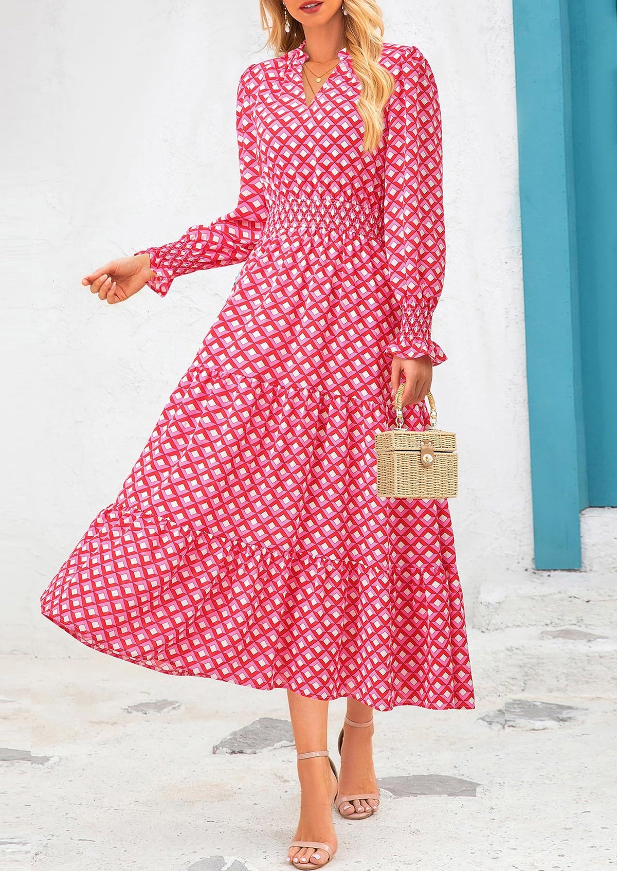 Floral A-Line Flowy Maxi Dress - Long Sleeve, V-Neck, Casual - photo 103