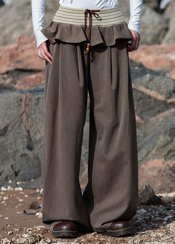 Plus Size Brown Knit Patchwork Wide Leg Pants
