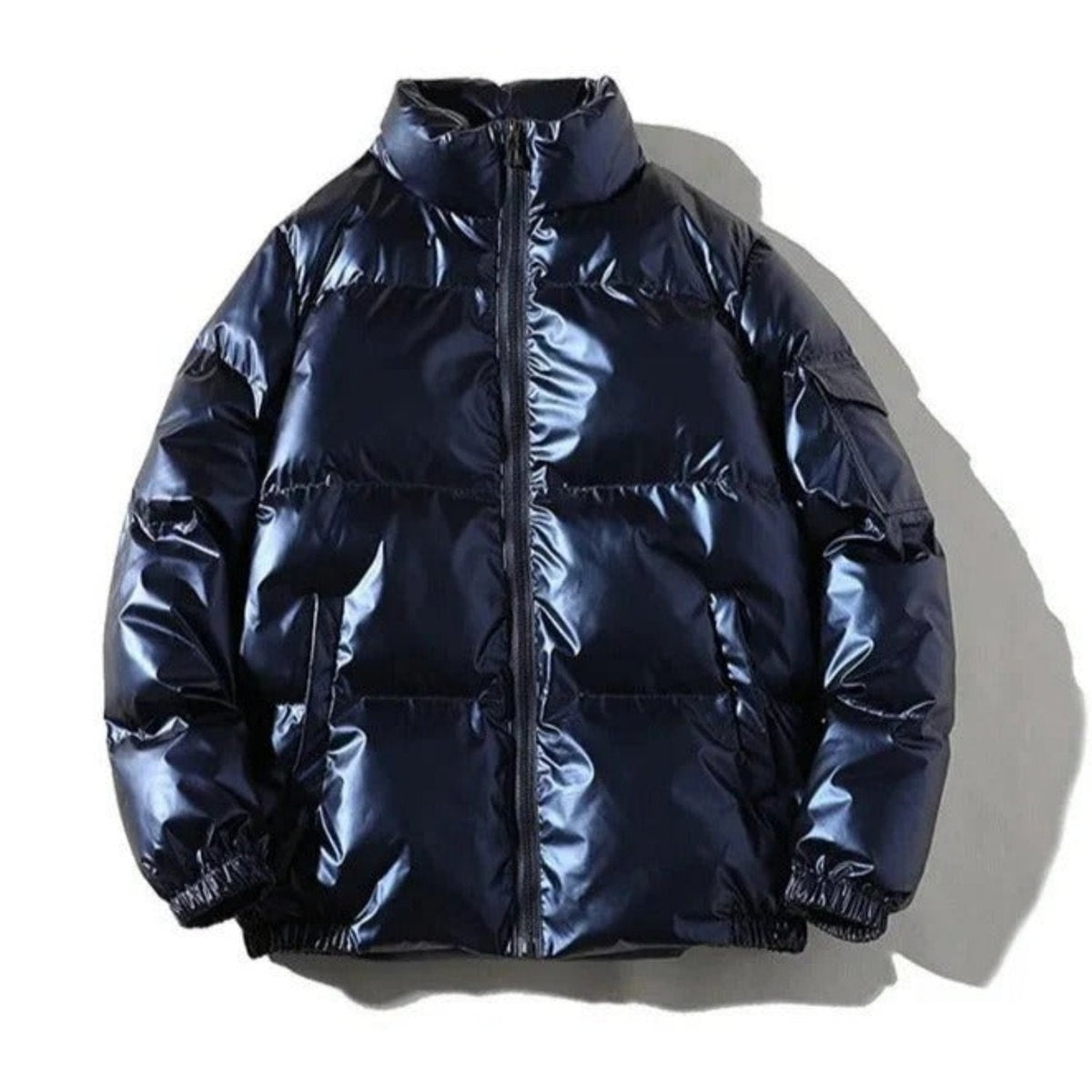 Men's glossy black puffer jacket shiny finish urban streetwear style warm winter coat classic fit