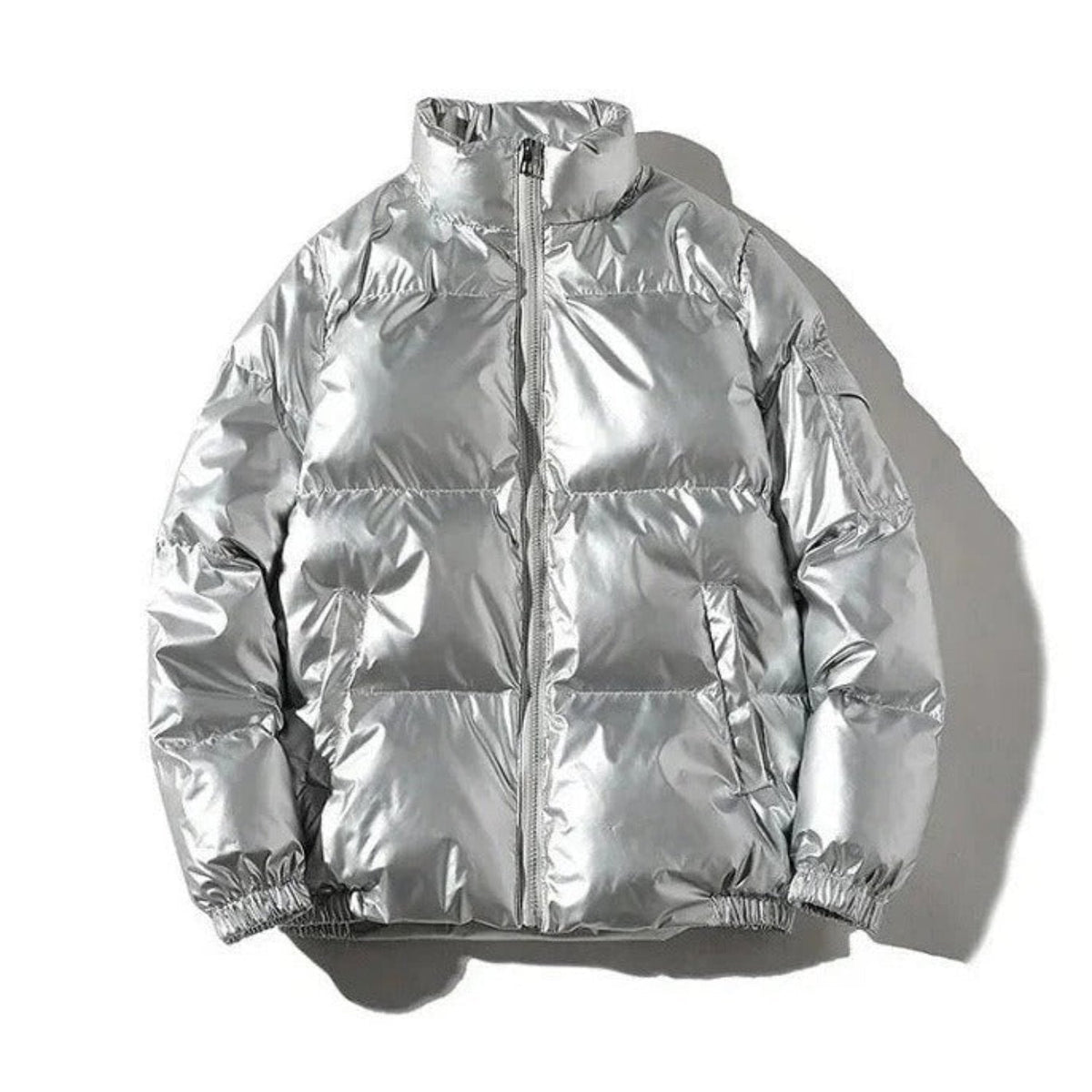 Men's glossy shiny puffer jacket black urban streetwear classic fit bold reflective winter coat