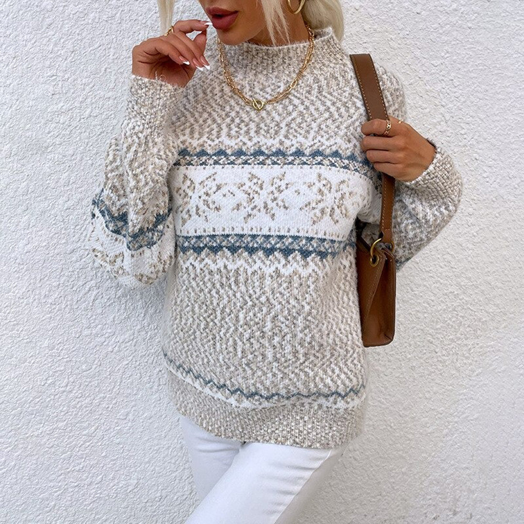 Cream wool knit women's pullover sweater, relaxed fit with Nordic pattern and ribbed hem