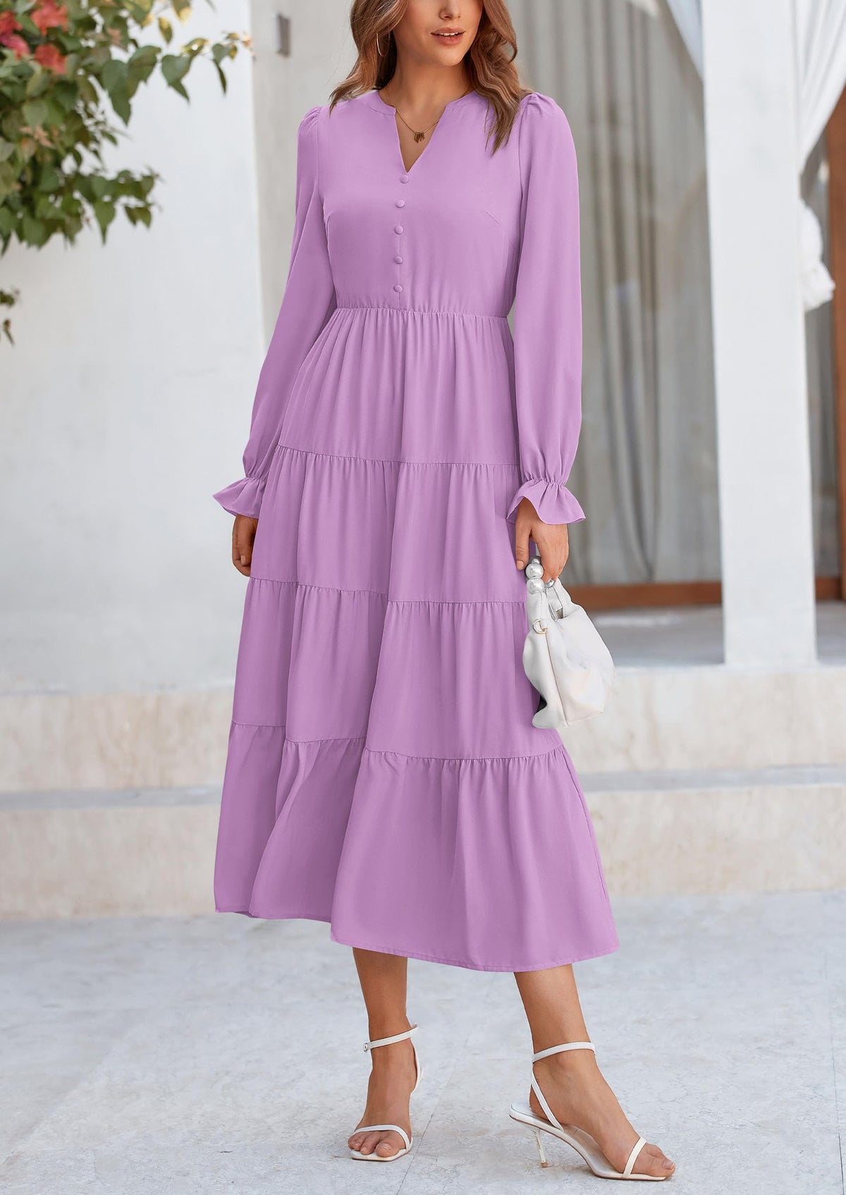 Brick Red Swiss Dot Smocked Tiered Maxi Dress - Long Sleeve, photo 129