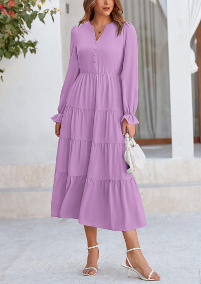 Brick Red Swiss Dot Smocked Tiered Maxi Dress - Long Sleeve, photo 129