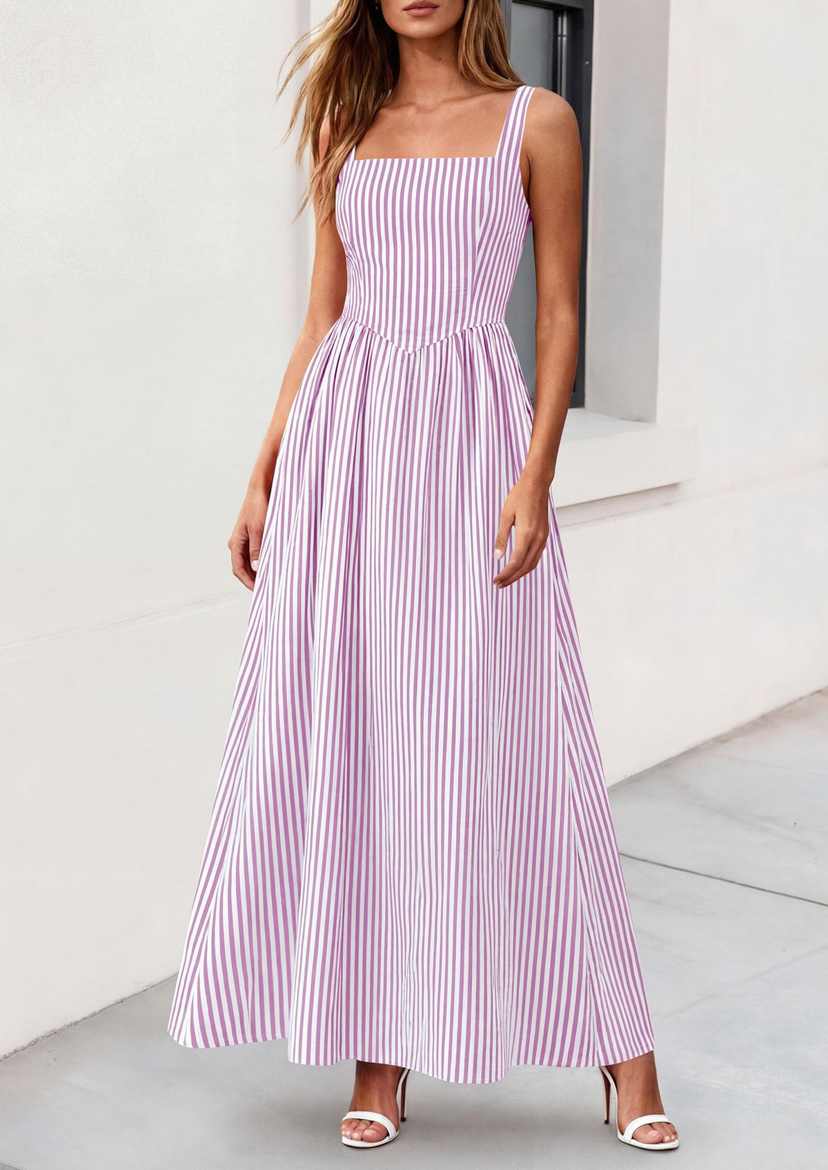 Striped Smocked A-Line Maxi Dress - Sleeveless, Square Neck, photo 19