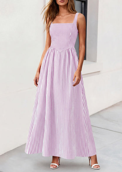 Striped Smocked A-Line Maxi Dress - Sleeveless, Square Neck, photo 19