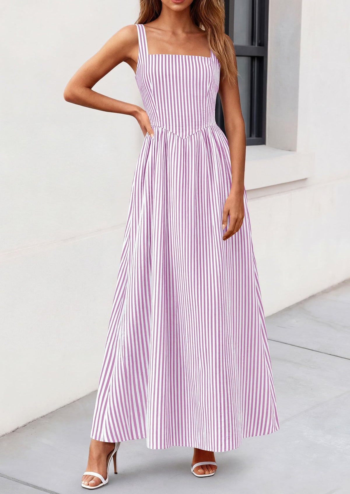 Striped Smocked A-Line Maxi Dress - Sleeveless, Square Neck, photo 20