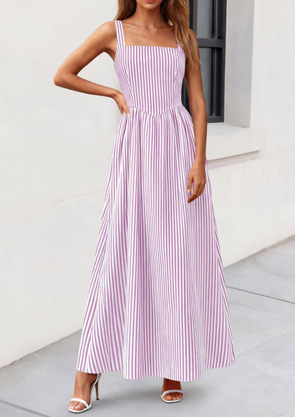 Striped Smocked A-Line Maxi Dress - Sleeveless, Square Neck, photo 20