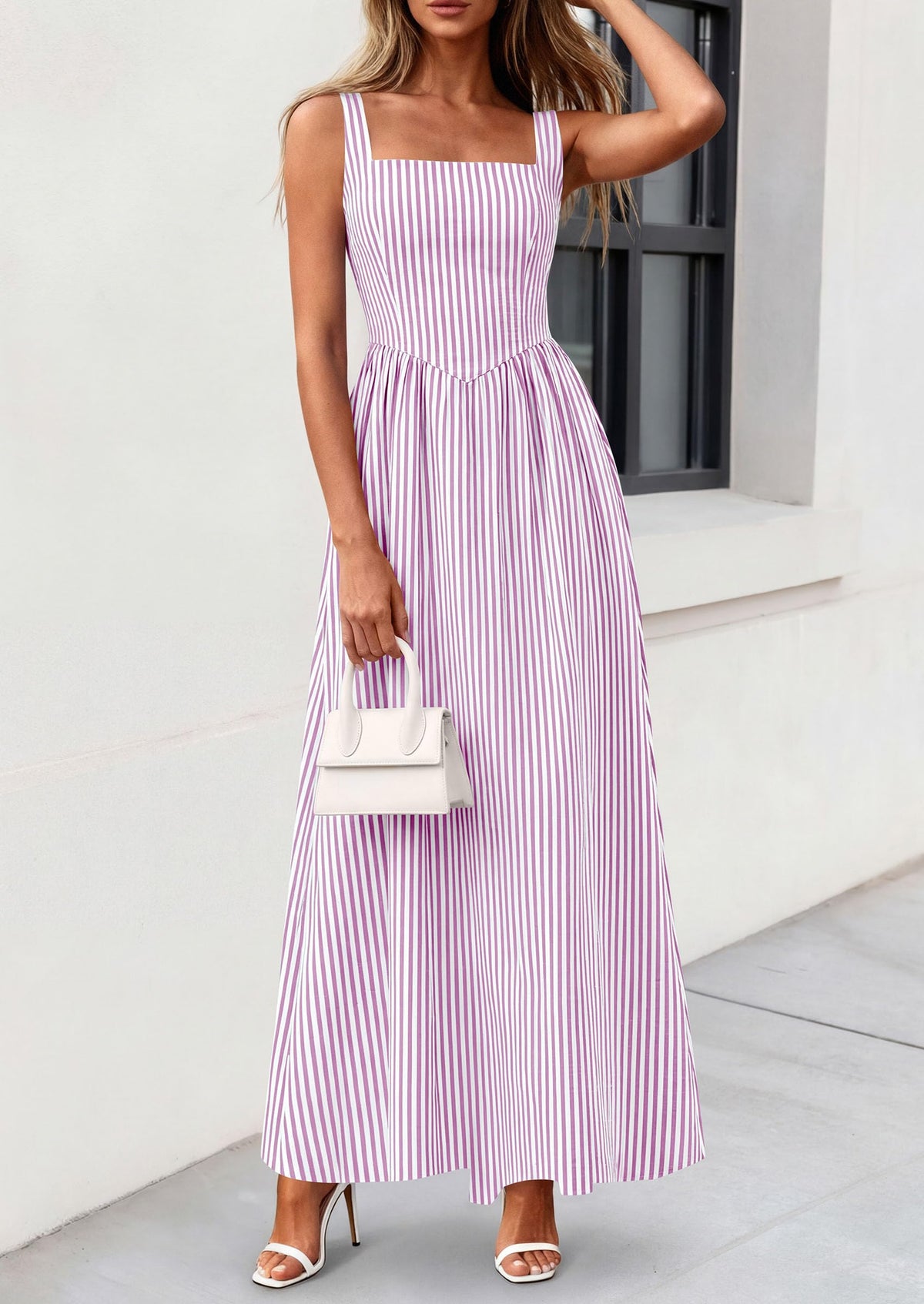 Striped Smocked A-Line Maxi Dress - Sleeveless, Square Neck, photo 21