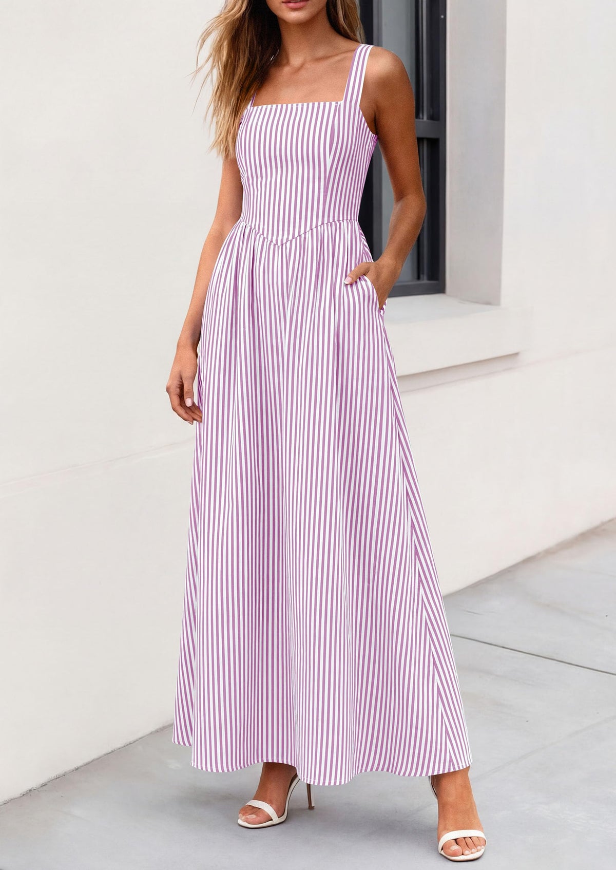 Striped Smocked A-Line Maxi Dress - Sleeveless, Square Neck, photo 22