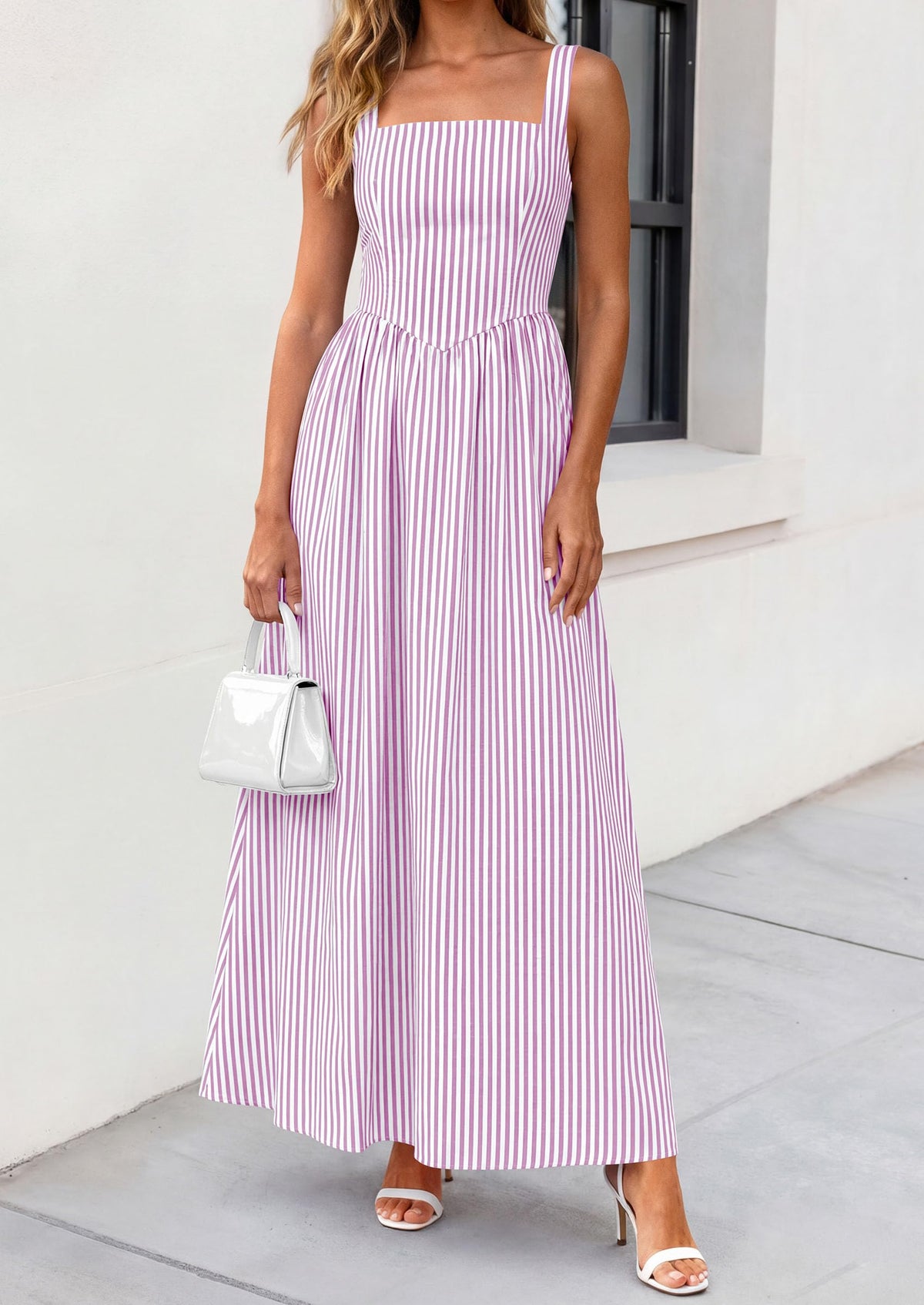 Striped Smocked A-Line Maxi Dress - Sleeveless, Square Neck, photo 23