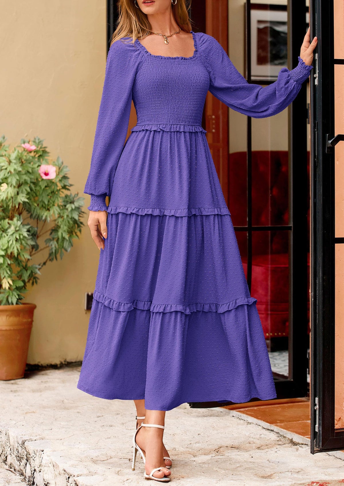 Beige Swiss Dot Smocked Tiered Maxi Dress - Long Sleeve, photo 123