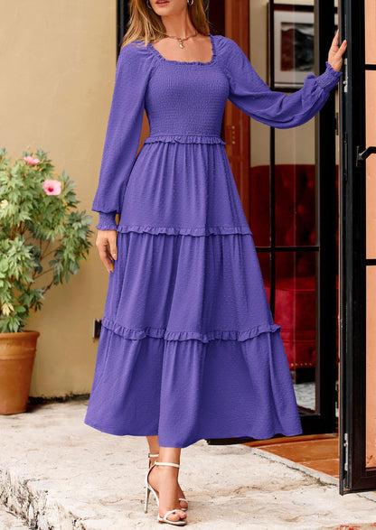 Beige Swiss Dot Smocked Tiered Maxi Dress - Long Sleeve, photo 123