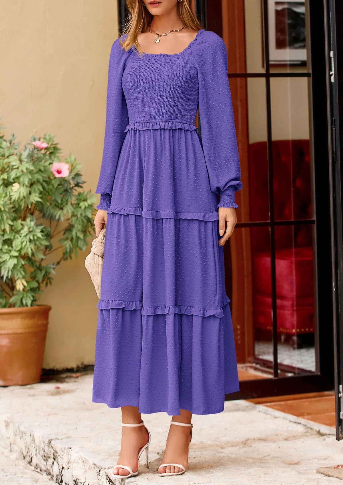 Beige Swiss Dot Smocked Tiered Maxi Dress - Long Sleeve, photo 124