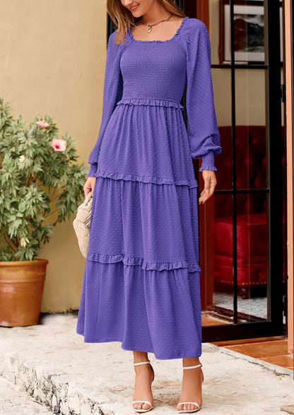 Beige Swiss Dot Smocked Tiered Maxi Dress - Long Sleeve, photo 127