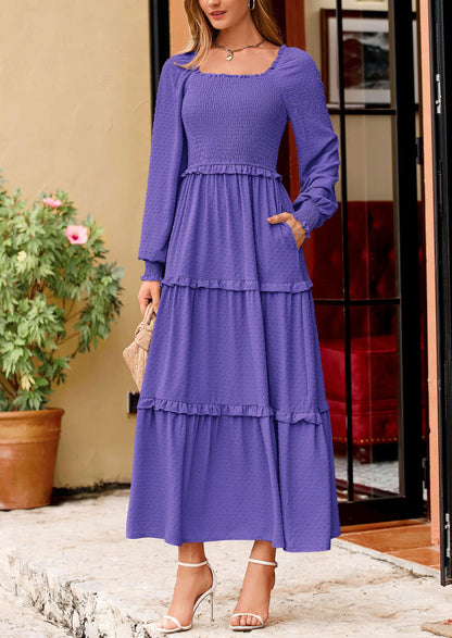 Beige Swiss Dot Smocked Tiered Maxi Dress - Long Sleeve, photo 128