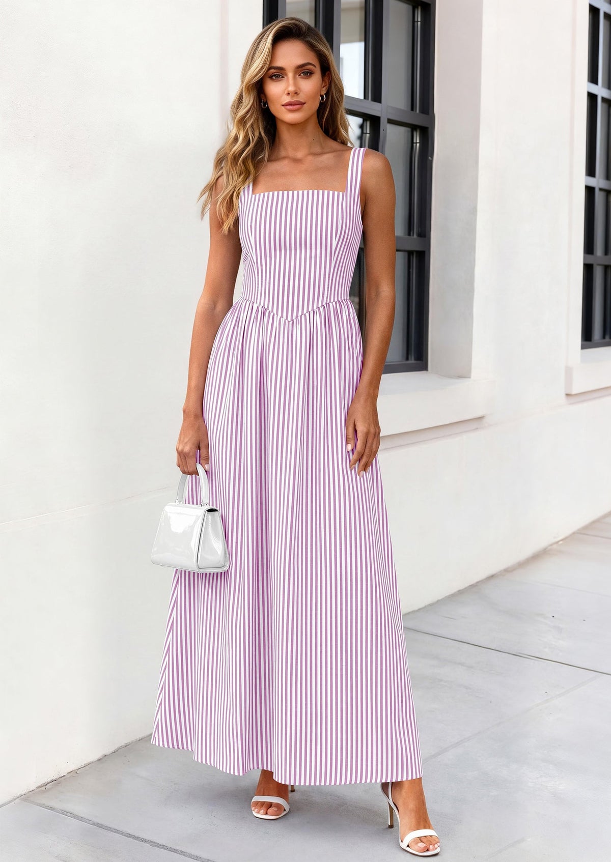 Striped Smocked A-Line Maxi Dress - Sleeveless, Square Neck, photo 18