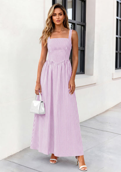 Striped Smocked A-Line Maxi Dress - Sleeveless, Square Neck, photo 18