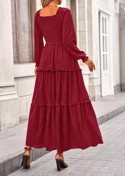 Beige Swiss Dot Smocked Tiered Maxi Dress - Long Sleeve, photo 130