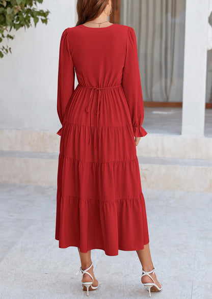 Brick Red Swiss Dot Smocked Tiered Maxi Dress - Long Sleeve, photo 135