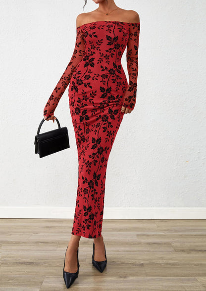 Brown Floral Mesh Bodycon Maxi Dress - Off-Shoulder, Formal - photo 44